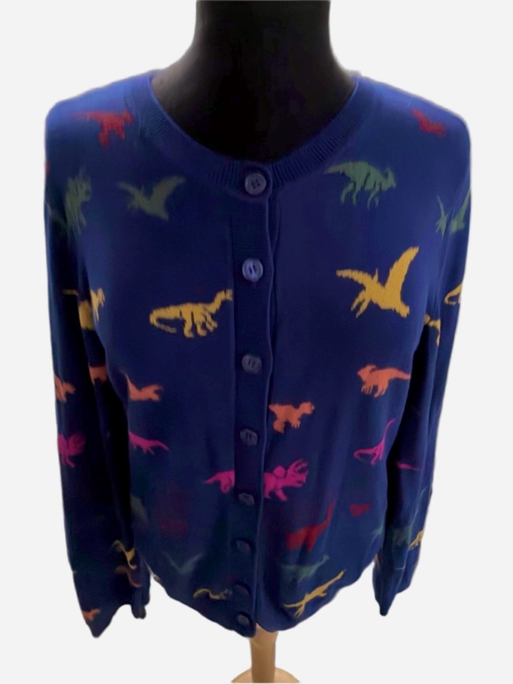 Modcloth Old Soul Classic Dino Cardigan Large Colorful Dinosaur Print EUC - Picture 3 of 12